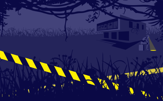 Illustration of an overgrown modern house at night, framed by yellow hazard tape in the foreground and a solitary, downcast robot casting a beam of light in the background.