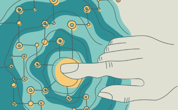 Illustration of a hand pressing a glowing node within a network of connected points and lines, symbolizing control and risk mitigation in agentic AI systems.