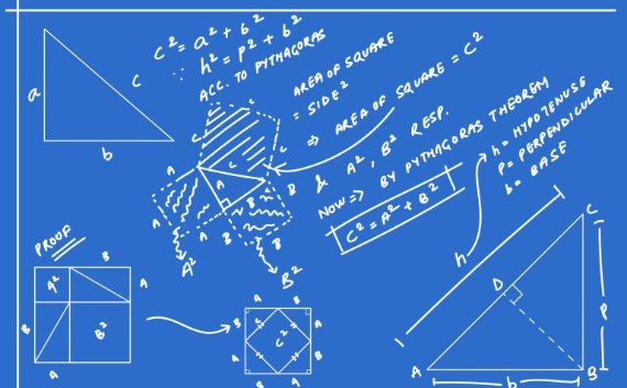 An architectural-style blueprint on a solid blue background filled with white hand-drawn geometric diagrams, mathematical equations, and notes explaining the Pythagorean theorem.