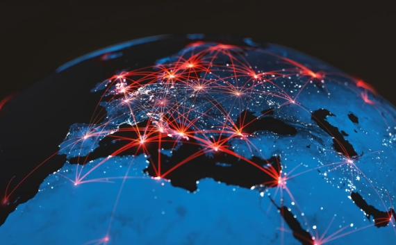 Stylized globe with red network connections spanning Europe, symbolizing global open source collaboration and governance