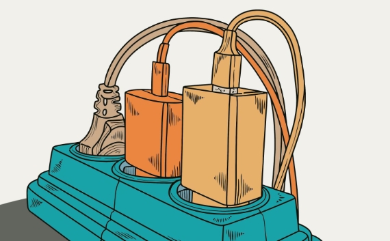 An overcrowded power strip with multiple plugs and chargers, symbolizing the complex and potentially unreliable hardware infrastructure that underpins software systems.
