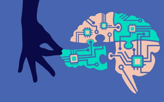 An illustrated silhouette of a hand inserting a puzzle piece into a brain filled with circuit board patterns and microchips, symbolising the integration of AI into human thinking