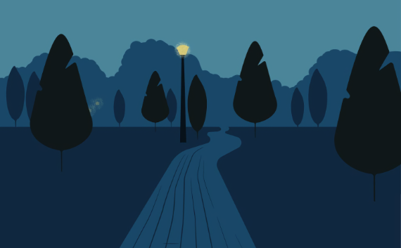 Illustration of a lone street lamp lighting a winding path through a dark park at night — a visual metaphor for navigating uncertainty with structure.