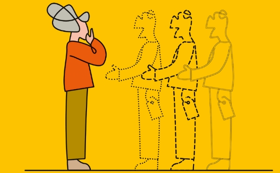 Developer viewing three AI assistant figures illustrated in dotted and solid outlines