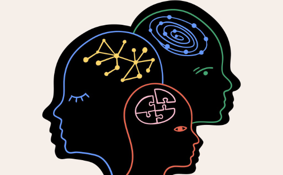 An abstract illustration of three overlapping human profiles in silhouette. Each profile contains a unique colored line drawing in the brain area: a cosmic galaxy, an interconnected network of nodes, and a puzzle-piece layout, representing varied mindsets or architectural readiness.