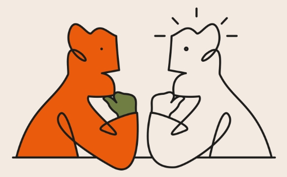 Abstract drawing of two figures in dialogue, one highlighted in orange, symbolizing uncertainty about the future of programming