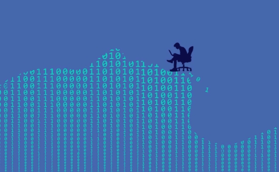 A silhouetted figure sits in an office chair working on a laptop, perched precariously at the crest of a towering wave made entirely of binary code (0s and 1s) — suggesting a developer riding an overwhelming surge of AI-generated output.