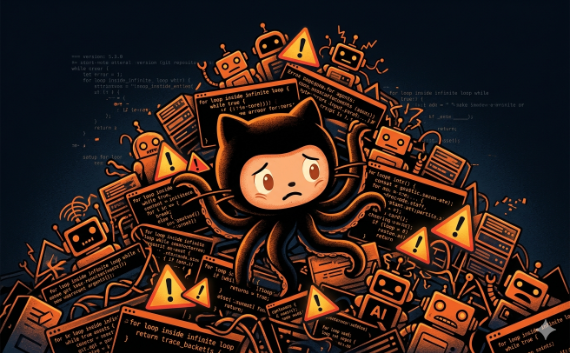 A stylized, worried Octocat-like figure is partially buried under a literal mountain of digital clutter. The pile consists of glowing orange warning triangles with exclamation marks, various retro-styled robot heads, and overlapping dark terminal windows filled with chaotic lines of code and 'infinite loop' text. The scene uses a high-contrast dark navy and vibrant orange color palette with a grainy, textured finish, illustrating a platform overwhelmed by automated noise.