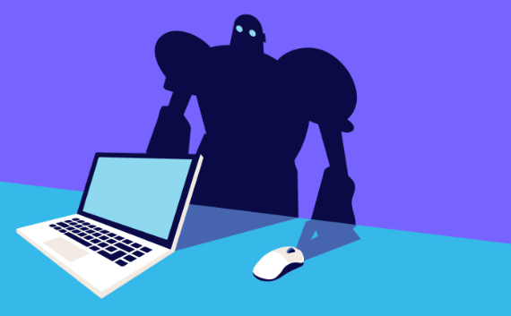 Illustration of a large dark robot standing behind a laptop and computer mouse on a desk, casting its shadow across the desk surface